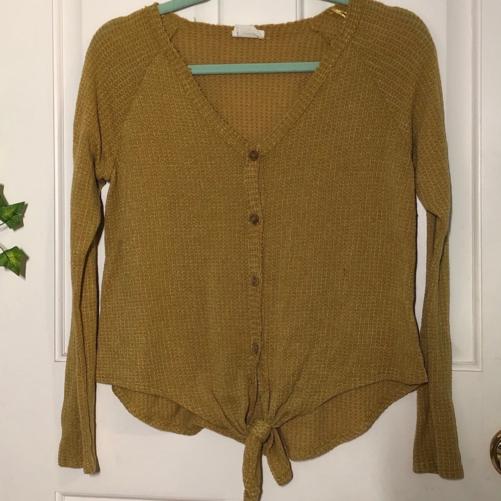 yellow long sleeve waffle knit top